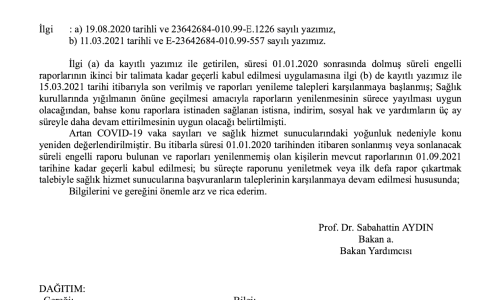 Süreli Engelli Sağlık Kurulu Raporları Hakkında Alınan Tedbirler - 2021.04.19